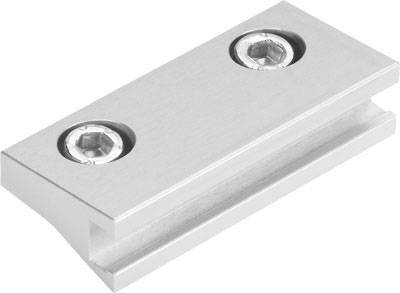 Metallplatte mit zwei eingelassenen Schrauben auf einer Seite. Die Platte hat eine leichte Erhöhung und eine glatte Oberfläche.