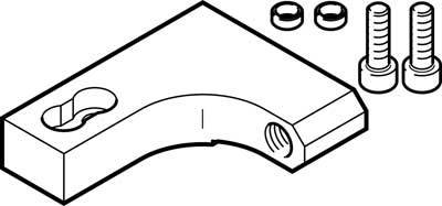 Technische Zeichnung eines Metallwinkelstücks mit zwei Schrauben und zwei Unterlegscheiben; zeigt Befestigungsmechanismus.