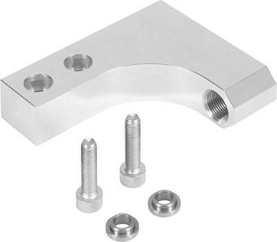 Metallhalterung mit zwei Schraubenlöchern, zwei Schrauben und zwei Unterlegscheiben. Eignet sich für Maschinen- oder Kfz-Bau.