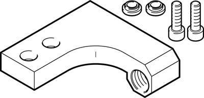 Technische Zeichnung eines Metallwinkels mit zwei Schrauben und zwei Muttern, die zur Befestigung verwendet werden.