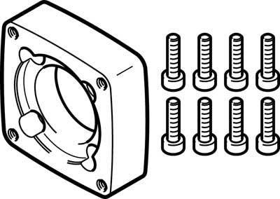 Abbildung eines quadratischen Montagewinkels und acht Schrauben, die für eine mechanische Befestigung verwendet werden können.