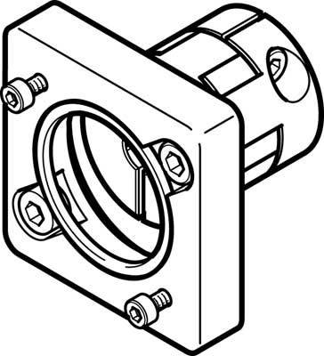 Eine technische Zeichnung von einem zylindrischen Flansch mit Schraubenlöchern und Befestigungsschrauben.