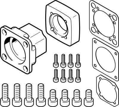 Explosionszeichnung eines mechanischen Teils mit mehreren Schrauben, Dichtungen und einem Anschlussstück, die den Zusammenbau zeigen.