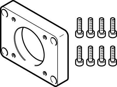 Ein rechteckiger Flansch mit einem zentralen Loch und vier Schraubenbohrungen in den Ecken, daneben sieben passende Schrauben.
