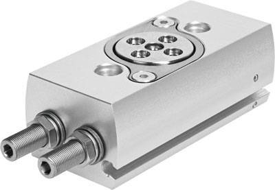 Ein pneumatischer Schwenkantrieb aus Metall mit zwei sichtbaren Anschlüssen und einem flachen Drehmechanismus in der Mitte.