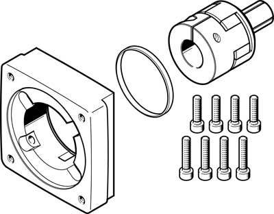 Explosionszeichnung eines mechanischen Teils mit mehreren Schrauben, einem runden Dichtungsring und einem rechteckigen Element.