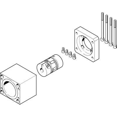 Explosionszeichnung eines mechanischen Bauteils, bestehend aus mehreren Komponenten: Gehäuse, zylindrisches Element und Schrauben.