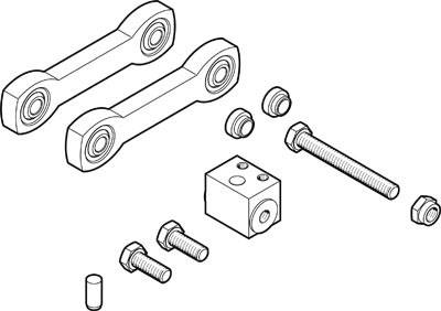 Explosionszeichnung eines mechanischen Verbindungssets mit Schrauben, Muttern, Streben und einem Block, dient zur Bauanleitung.