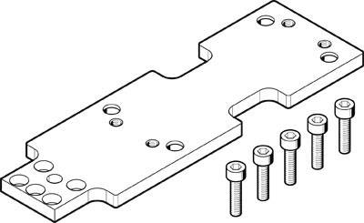 Technische Zeichnung einer Metallplatte mit Löchern und fünf Schrauben. Veranschaulicht die Montagekomponenten einer Mechanik.