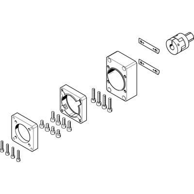 Explosionszeichnung eines Montagekits mit Stanzteilen, Schrauben und einem Zylinder. Zeigt die Anordnung und Verbindungen der Teile.
