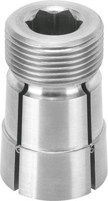 Metallwerkzeug mit Gewinde und zylindrischem Schaft, vermutlich eine Spannzange zur Befestigung von Bohrern oder Fräsen.