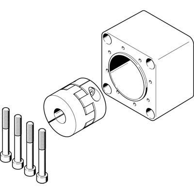 Montagezeichnung: Quadratisches Gehäuse mit Befestigungslöchern, Kupplungselement und vier Schrauben, die separat angeordnet sind.