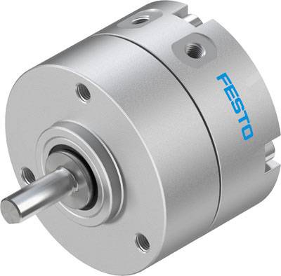 Ein silberner pneumatischer Rotationsantrieb mit blauer Aufschrift 'FESTO', zylindrische Form, sichtbare Welle, geeignet für industrielle Anwendungen.