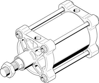 Technische Zeichnung eines Zylinders mit Kolbenstange und Schrauben, zeigt strukturelle Details und Verbindungsstellen.