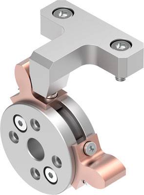 Metallverbindungsstück aus silbernem und kupferfarbenem Material, bestehend aus einem rotierbaren, scheibenförmigen Element und einem T-förmigen Befestigungsteil.