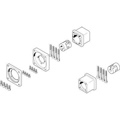 Explodierte Zeichnung eines Bauteilsatzes mit Schrauben, Kupplung und Gehäuse. Komponenten sind zur Veranschaulichung der Montage gezeigt.