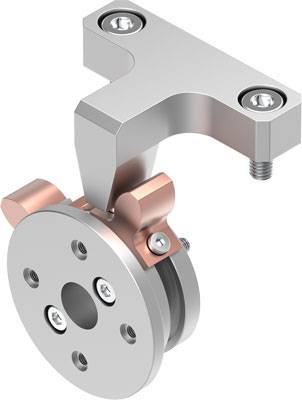 Metallisches mechanisches Bauteil mit runder Basis und T-förmigem Aufsatz, verbunden durch Schrauben. Nutzbar für Maschinenmontage.