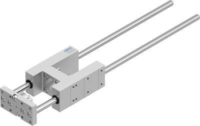 Pneumatischer Greifer mit zwei parallelen Stangen und Befestigungselement, geeignet für präzise Halte- und Bewegungsfunktionen.