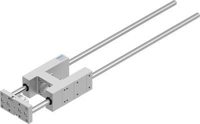 Lineare Schlittenbaugruppe mit zwei parallelen Stangen und einem Mittelblock, verwendet in Automatisierung und Maschinenbau.