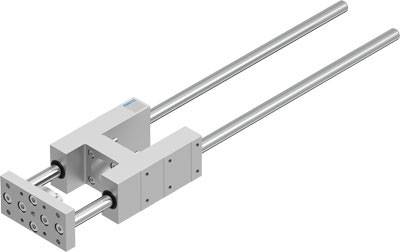 Pneumatischer Schlitten mit zwei parallel verlaufenden Stangen und Befestigungsplatte, geeignet für präzise lineare Bewegungen.