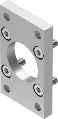 Graues Metallflansch mit großem zentralen Loch, sechs kleineren Löchern mit Schrauben an den Ecken; dient zur Verbindung von Bauteilen.