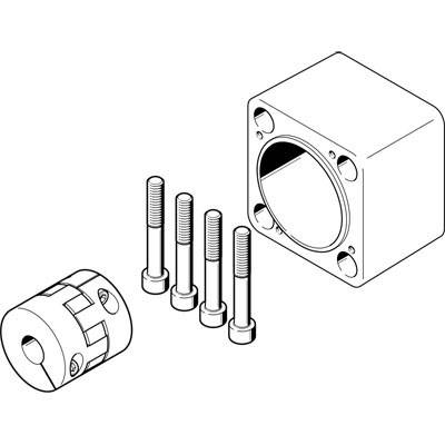 Explosionszeichnung eines mechanischen Kupplungssystems mit Wellenkupplung, Verbindungselementen, Schrauben und Gehäuse.