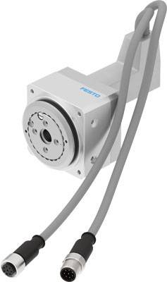 Ein graues mechanisches Winkelgetriebe mit zwei angeschlossenen Kabeln. Es trägt das Logo 'Festo' und hat runde Anschlussstellen.