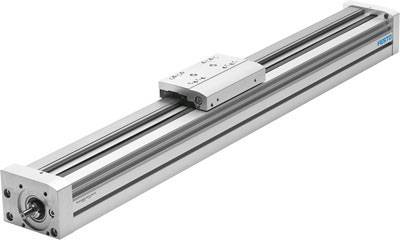 Linearantrieb mit Schlitten, montiert auf einer Metallschiene, verwendet für präzise industrielle Bewegungssteuerung.