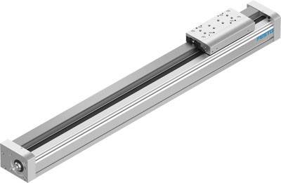 Linearantrieb in silberner Farbe mit Schlitten auf Schiene, geeignet für präzise Bewegungen in industriellen Anwendungen.