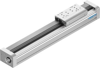 Linearantrieb von Festo mit silbernem Gehäuse, rechteckiger Basis und beweglicher Plattform. Verwendet für präzise mechanische Bewegungen.