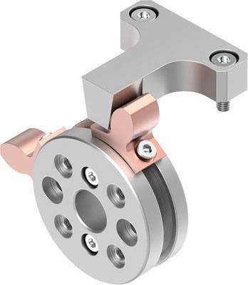 Metallisches Bauteil mit rundem, scheibenförmigem Hauptteil und vier Löchern, verbunden mit einer T-förmigen Halterung durch Schrauben.