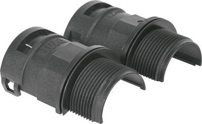Zwei schwarze Kunststoffadapter mit Schraubgewinde, nebeneinander liegend. Sie sind für technische Anwendungen oder Rohrverbindungen gedacht.