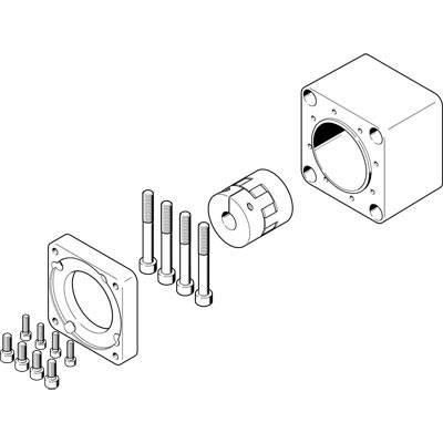Explosionszeichnung eines mechanischen Bauteils mit Zylinder, Schrauben und zwei quadratischen Gehäuseteilen zur Montage.