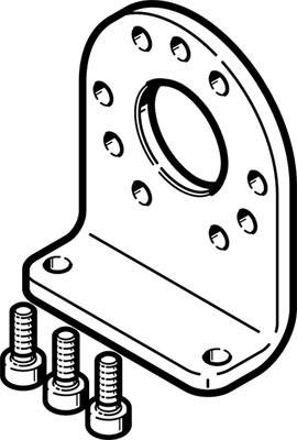 Metallhalterung mit mehreren Bohrlöchern, rechteckiger Basis und drei Schrauben. Dient zur Befestigung technischer Komponenten.