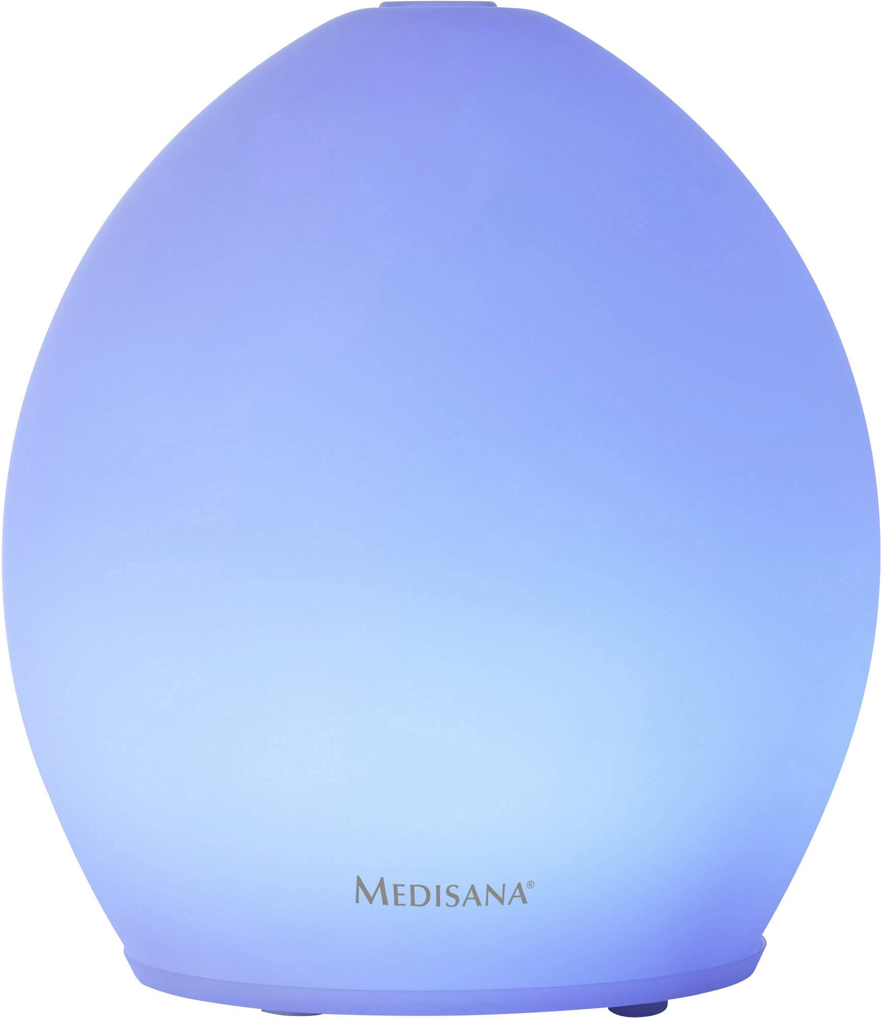 Ein türkisfarbener Luftbefeuchter mit der Aufschrift 'MEDISANA', eiförmig und leuchtend in Blau, auf weißem Hintergrund.