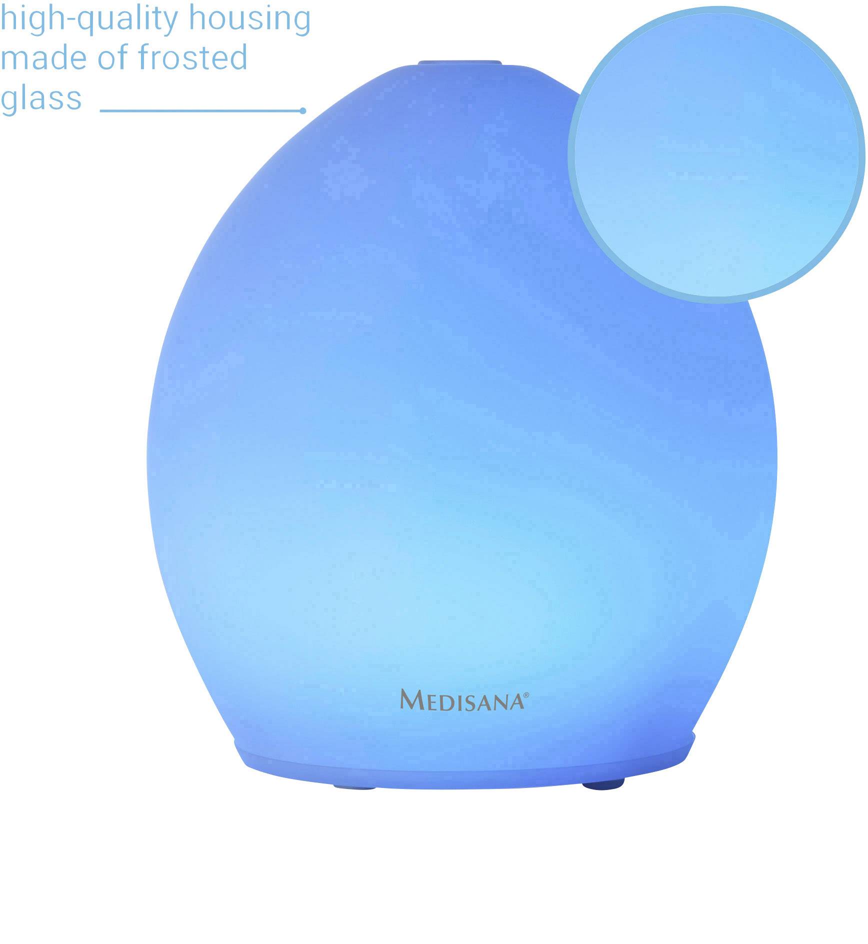 Ein ovaler, blauer Aromadiffuser aus satiniertem Glas von Medisana leuchtet. Text: 'high-quality housing made of frosted glass'.