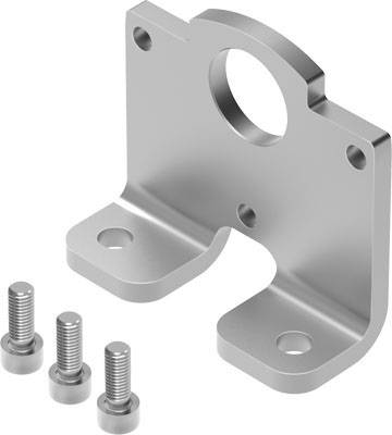 Metallhalterung mit rundem Loch oben und zwei Montageöffnungen unten, daneben drei Schrauben. Ideal für Wandmontage.