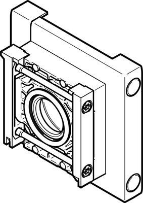 Technische Zeichnung eines Lagergehäuses mit zylindrischer Öffnung und Befestigungselementen an den Ecken.