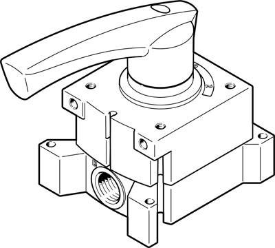 Illustration eines mechanischen Hebelschalters mit Drehgriff, montiert auf einer Basis. Der Schalter ist in der Position 'Ein'.