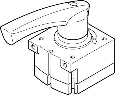 Ein handgezeichnetes Diagramm zeigt einen elektrischen Schalter mit einem langen Hebelgriff, montiert auf einem rechteckigen Sockel.