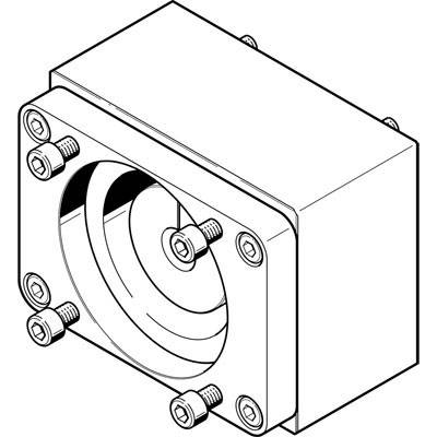 Die Abbildung zeigt ein rechteckiges Gehäuse mit einer runden Öffnung und mehreren Schrauben an den Kanten, wahrscheinlich ein technisches Bauteil.
