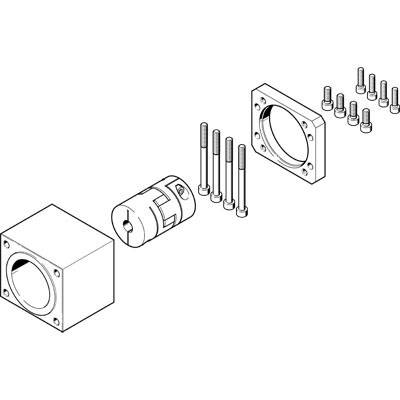 Explosionszeichnung eines mechanischen Bauteilsatzes mit Gehäuse, Kupplung, Flansch, Schrauben und Muttern. Zeigt Montageabfolge.