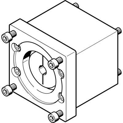 Technische Zeichnung eines rechteckigen Gehäuses mit mehreren Schrauben an den Ecken und einem runden Innenmechanismus.