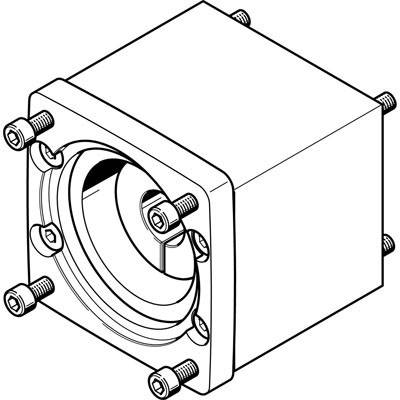Technische Zeichnung eines kubischen Gehäuses mit Bolzen an allen Ecken und einer kreisförmigen Öffnung auf einer Seite.