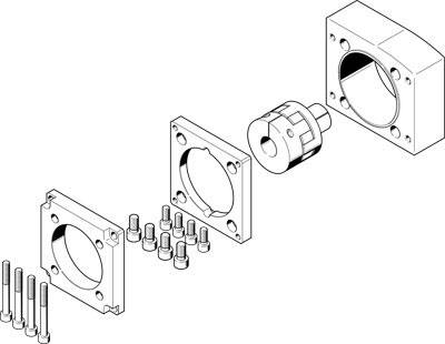 Explosionszeichnung einer mechanischen Baugruppe mit Schrauben, zwei quadratischen Platten, einem runden zentralen Teil und einem Gehäuse.