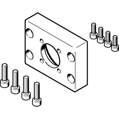 Illustration eines rechteckigen Metallblocks mit zentralem Loch und vier Schraubenlöchern, umgeben von acht Schrauben.