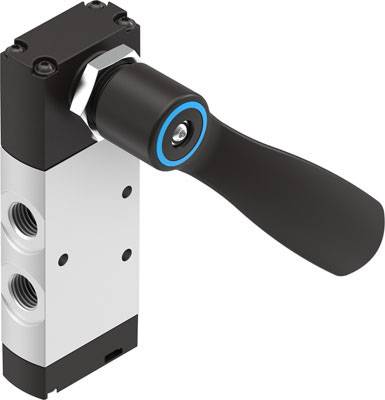 Ein schwarzer und silberner Pneumatikhebelventil, vertikal montiert, mit blauer Akzentmarkierung, Steuerventil für industrielle Anwendungen.