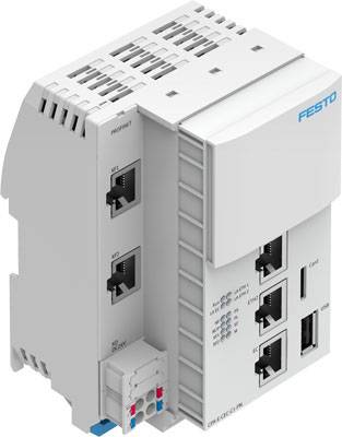 Ein weißes Steuergerät von Festo mit mehreren Ethernet-Anschlüssen und LED-Anzeigen, geeignet für industrielle Anwendungen.