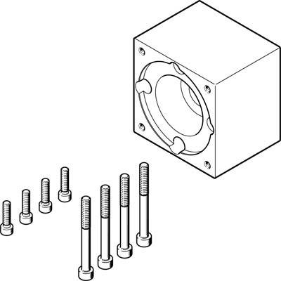 Eine Isometrie-Darstellung eines quadratischen Gehäuses mit Schrauben, die zur Befestigung bereit liegen.
