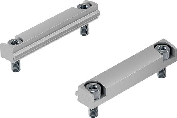 Zwei silberne Metallanschläge mit Schrauben, möglicherweise Teil eines mechanischen oder industriellen Systems.